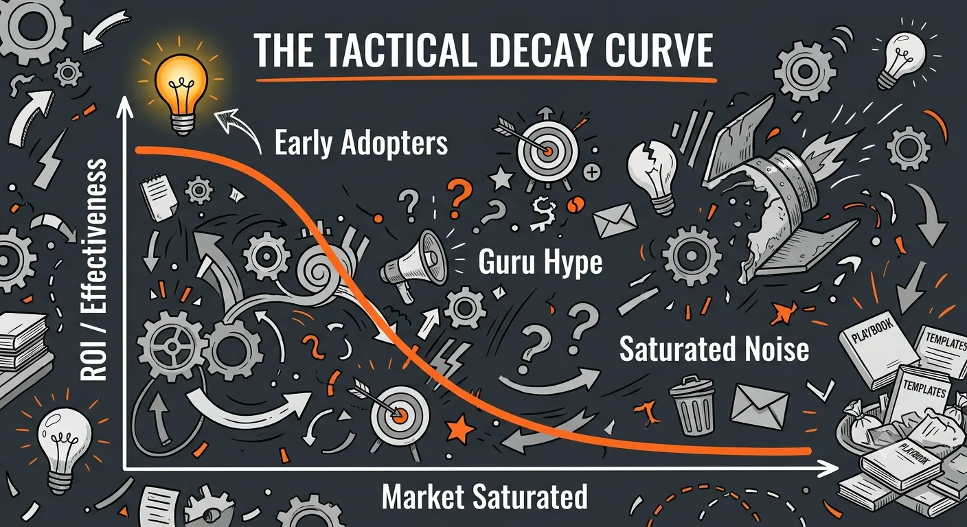 An infographic line graph on a dark charcoal background titled The Tactical Decay Curve, illustrating how a marketing tactic's ROI drops sharply as it moves from early adopters to saturated noise.