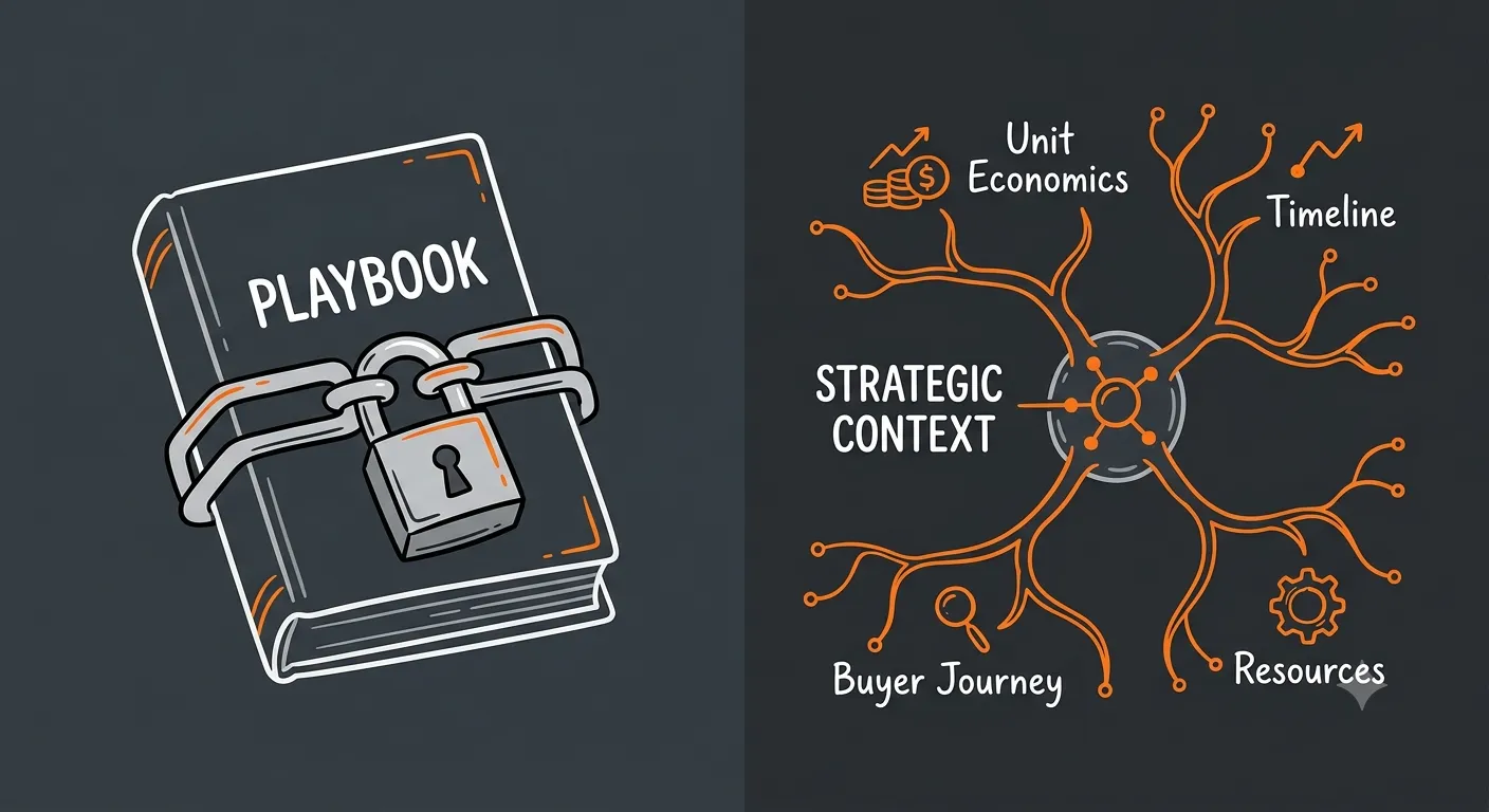 A conceptual vector comparison diagram on a dark background contrasting a locked book representing a rigid tactic with an organic branching node tree representing strategic context pillars like unit economics and the buyer journey.