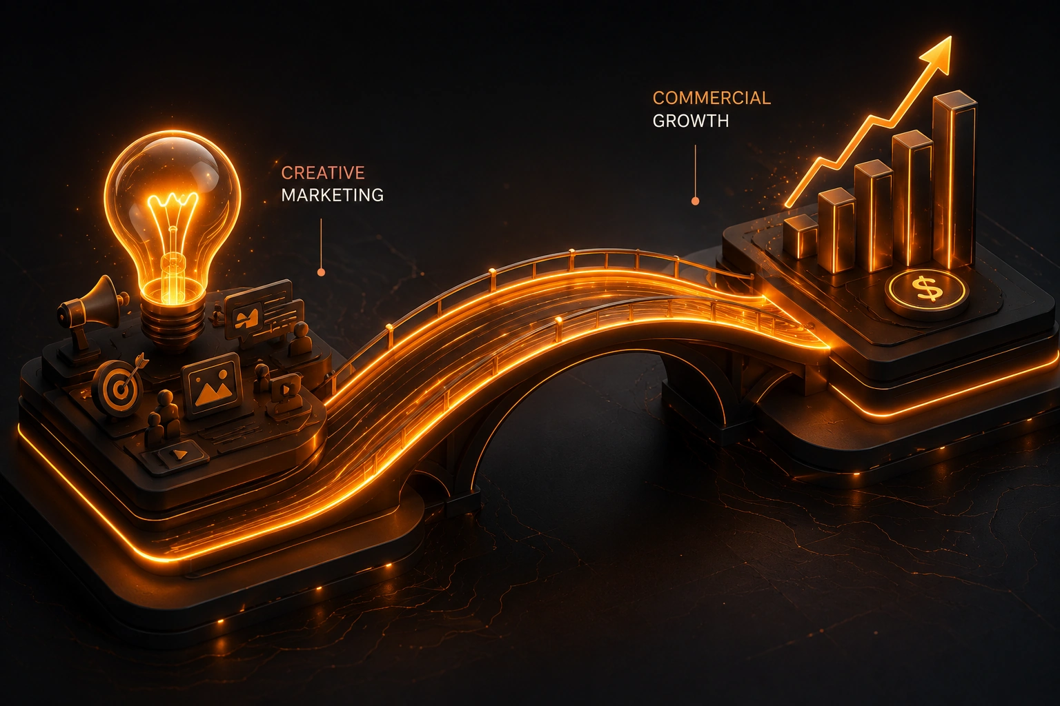A visual metaphor showing a glowing bridge connecting a creative lightbulb (marketing) to an upward trending financial growth chart (boardroom revenue).