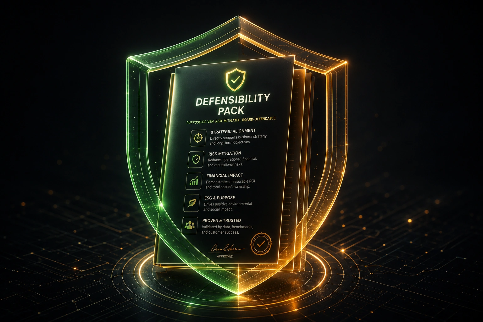 A conceptual graphic of a corporate contract illuminated by a green, purpose-driven aura, transforming into a shield of risk mitigation.
